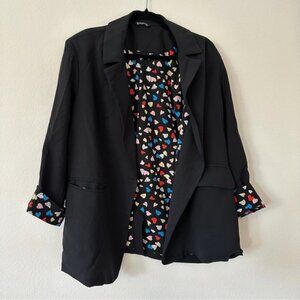 BloomChic Black Blazer with Heart Pattern Lining